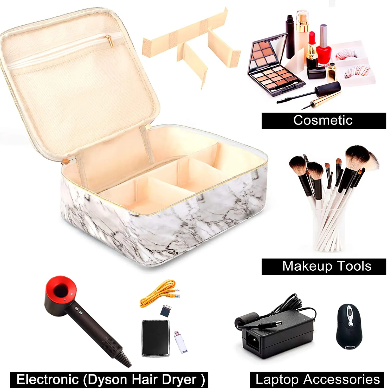 3Pcs Makeup Bags for Women, Travel Makeup Bag, Large Cosmetic Bag, Marble Makeup Bag with 10 Pcs Brushes, Makeup Case Organizer with Adjustable Dividers