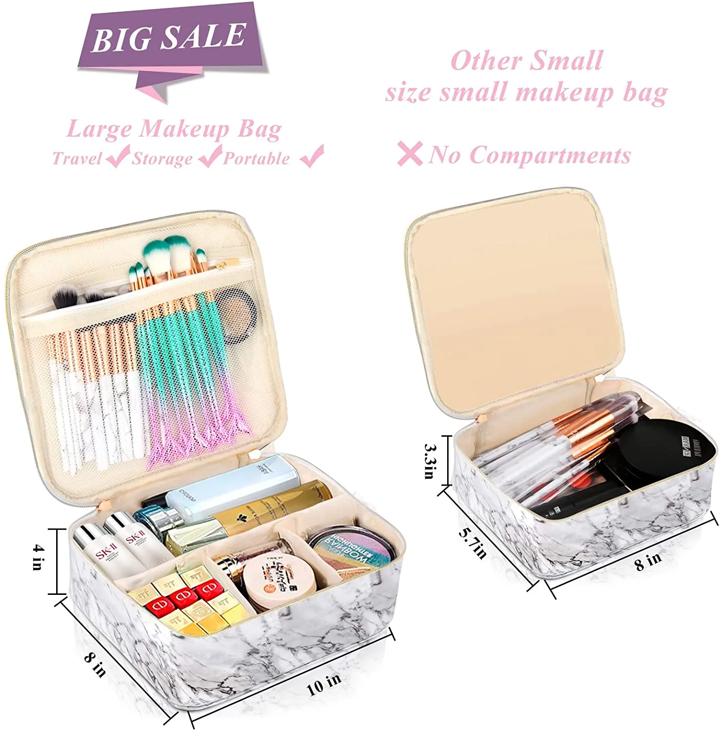 3Pcs Makeup Bags for Women, Travel Makeup Bag, Large Cosmetic Bag, Marble Makeup Bag with 10 Pcs Brushes, Makeup Case Organizer with Adjustable Dividers
