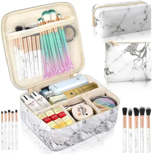 3Pcs Makeup Bags for Women, Travel Makeup Bag, Large Cosmetic Bag, Marble Makeup Bag with 10 Pcs Brushes, Makeup Case Organizer with Adjustable Dividers