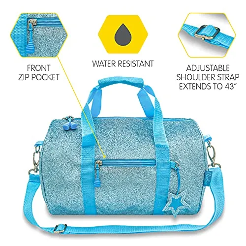 Bixbee Kids Duffle Bag, Dance Bag & Travel Bag for Sports, Gymnastics and Ballet with Adjustable Strap, Zippers, Pockets, and Flake-Resistant Glitter - Dance Bag for Girls & Boys in Sparkalicious Turquoise