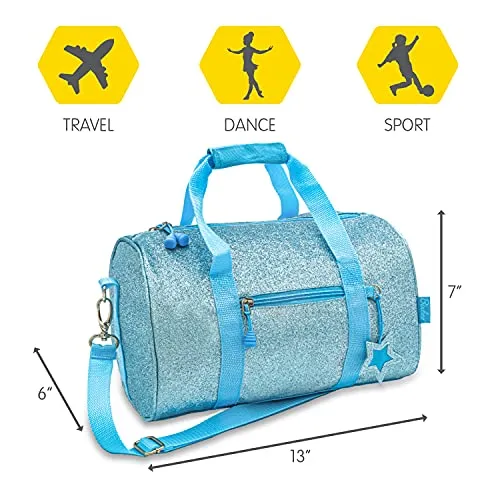 Bixbee Kids Duffle Bag, Dance Bag & Travel Bag for Sports, Gymnastics and Ballet with Adjustable Strap, Zippers, Pockets, and Flake-Resistant Glitter - Dance Bag for Girls & Boys in Sparkalicious Turquoise