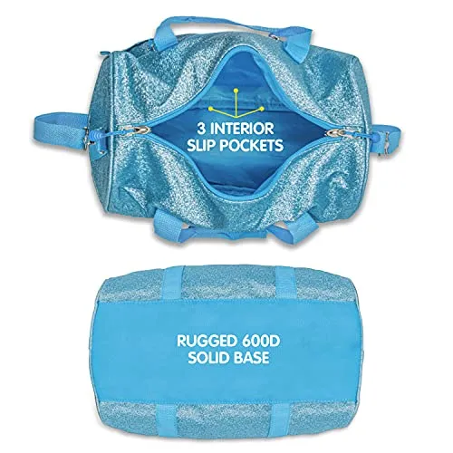 Bixbee Kids Duffle Bag, Dance Bag & Travel Bag for Sports, Gymnastics and Ballet with Adjustable Strap, Zippers, Pockets, and Flake-Resistant Glitter - Dance Bag for Girls & Boys in Sparkalicious Turquoise
