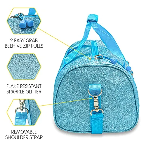 Bixbee Kids Duffle Bag, Dance Bag & Travel Bag for Sports, Gymnastics and Ballet with Adjustable Strap, Zippers, Pockets, and Flake-Resistant Glitter - Dance Bag for Girls & Boys in Sparkalicious Turquoise