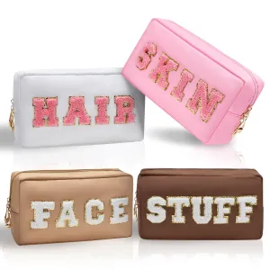 Burskit Preppy Makeup Bags Stoney Clover 4 Pcs Travel Organizer Patch Bag Large Varsity Chenille Letter Cosmetic Toiletry Preppy Stuff Cute Bags Portable Pouch Storage Purse Bag Set