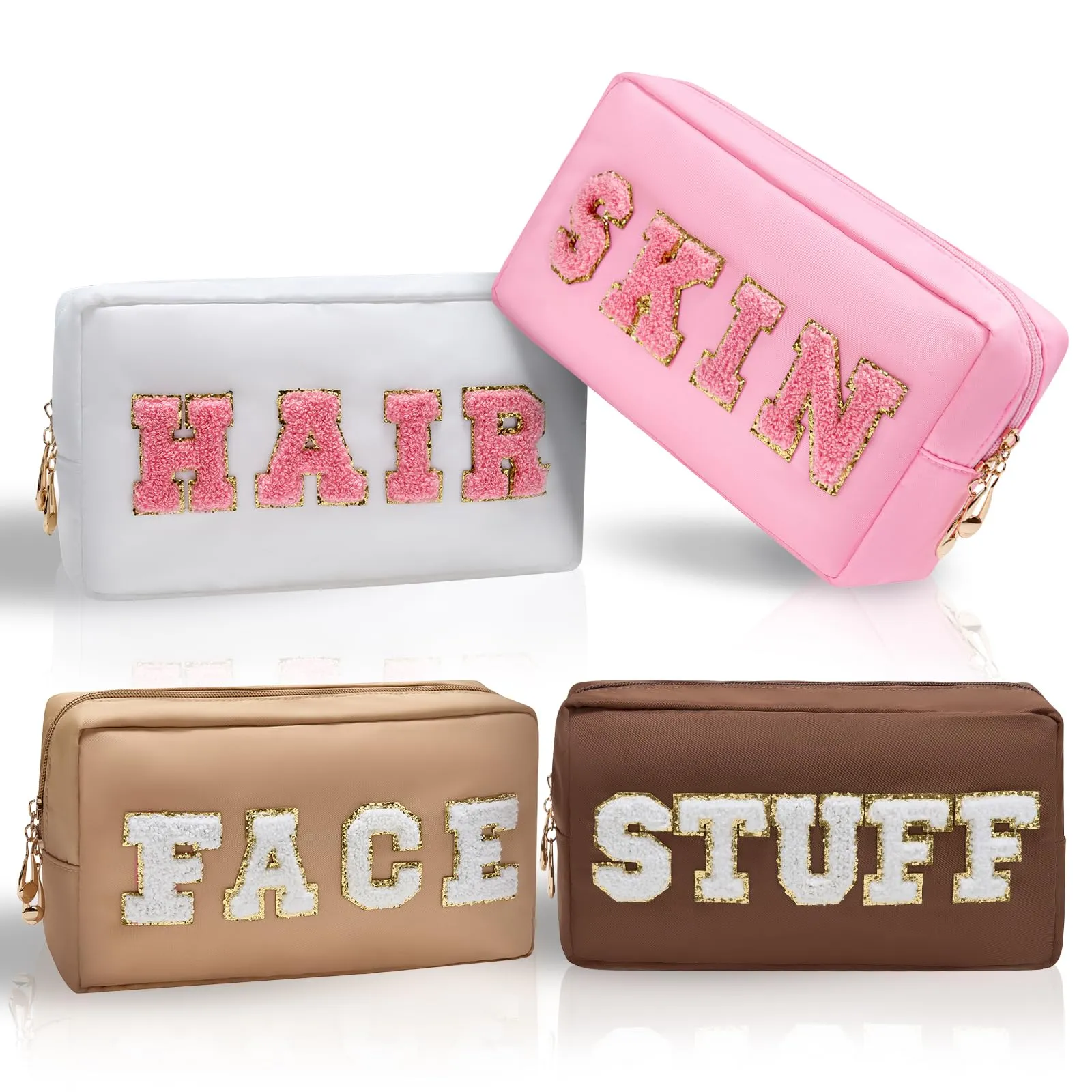 Burskit Preppy Makeup Bags Stoney Clover 4 Pcs Travel Organizer Patch Bag Large Varsity Chenille Letter Cosmetic Toiletry Preppy Stuff Cute Bags Portable Pouch Storage Purse Bag Set