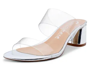 CASTAMERE Womens Chunky Block Mid Heels Sandals Slip On Transparent Ankle Strap Open Toe 5CM Heeled Silver Sandal