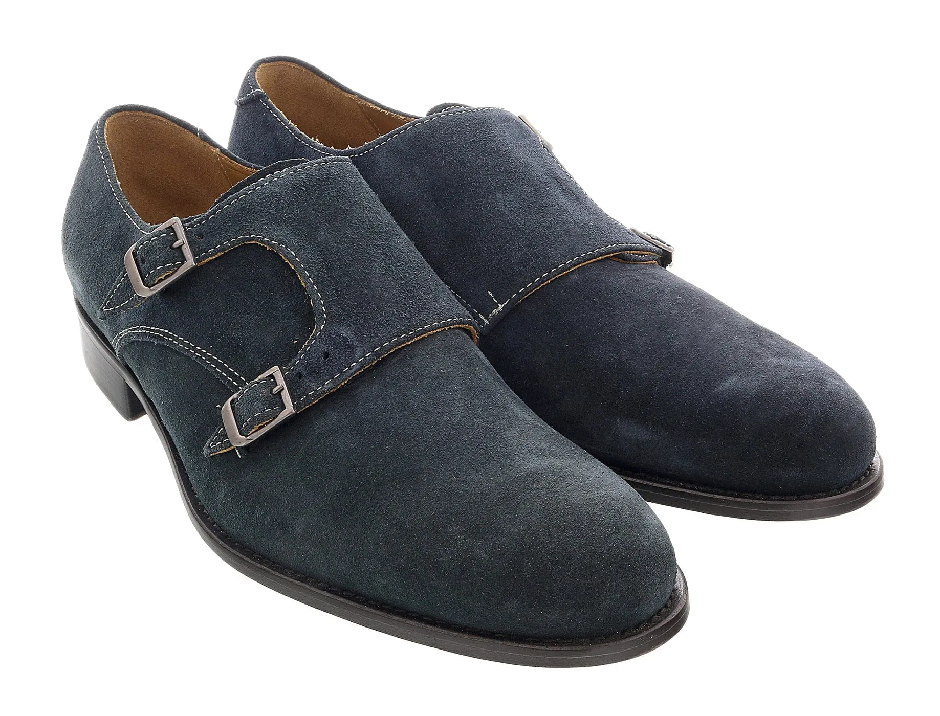 DANIELA FARGION Blue Leather Suede Double Monk Distressed Strap Shoes-