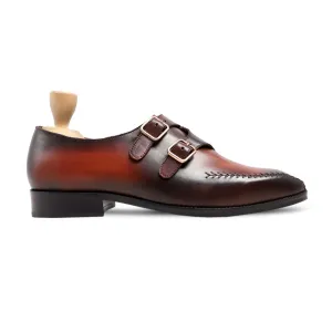 Handmade Custom Men's Burnished Brown Patina Double Monkstrap Shoes