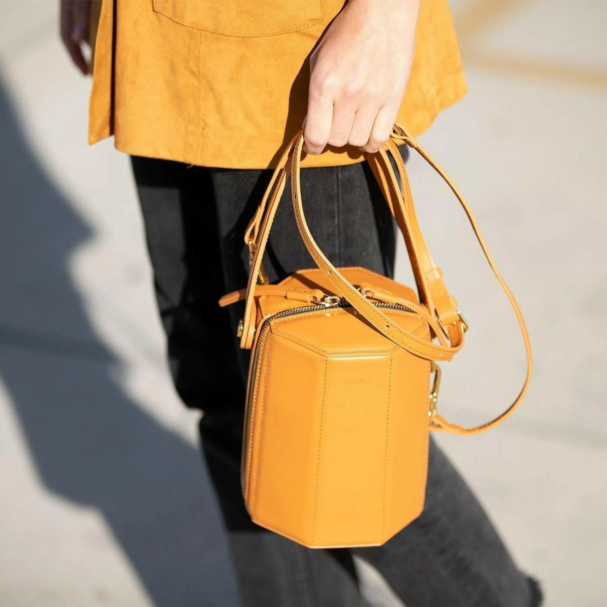 Harper Leather Bucket Bag in Orange