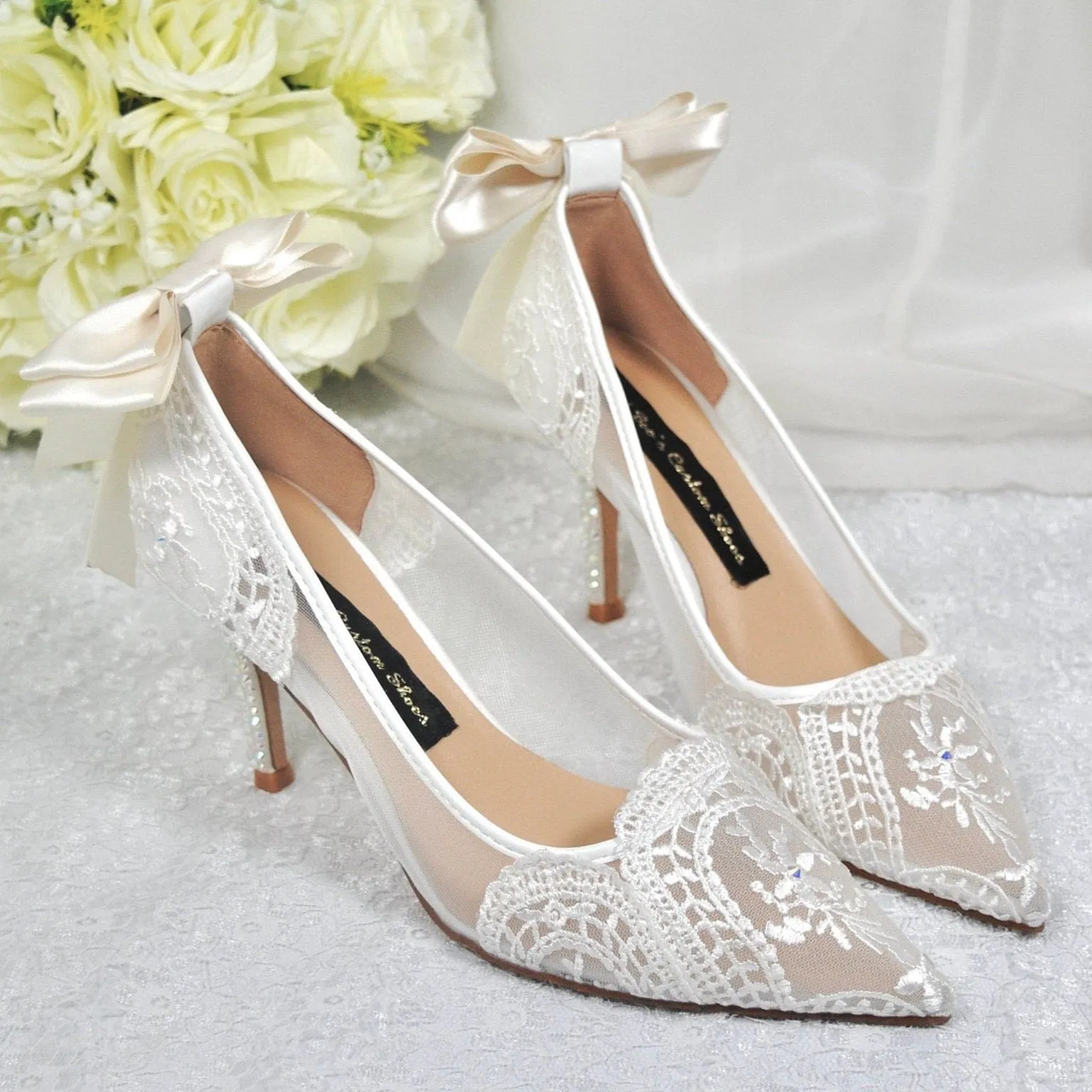 Ivory Lace with/without Crystal Heels & Bow | Removable Ankle Strap