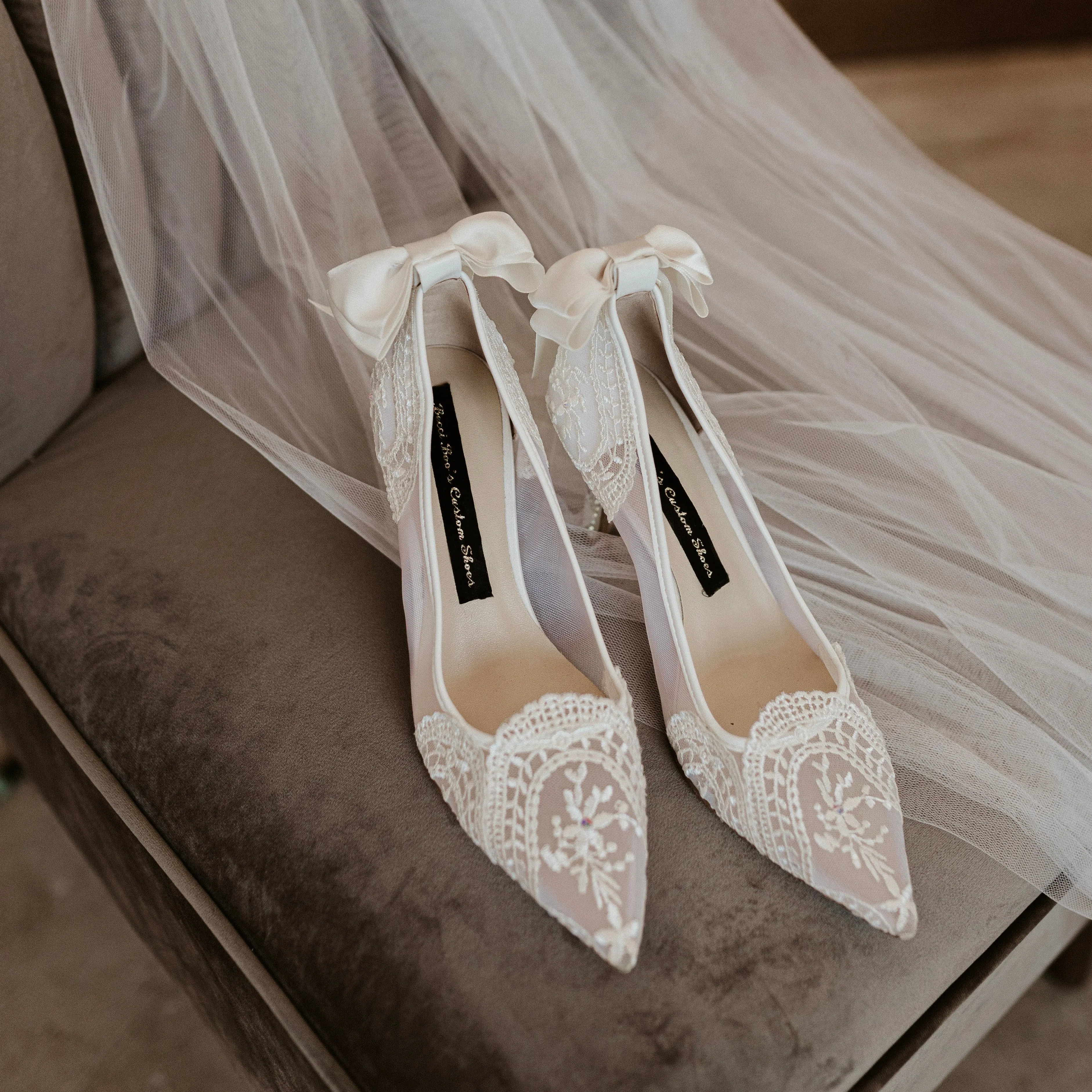 Ivory Lace with/without Crystal Heels & Bow | Removable Ankle Strap