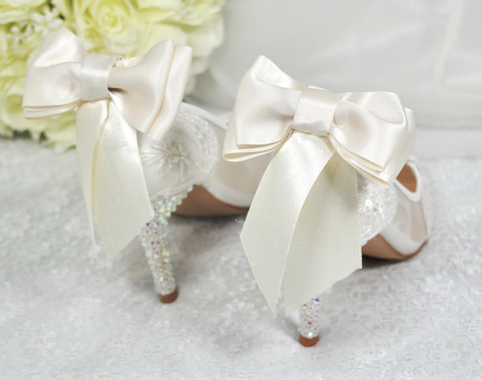 Ivory Lace with/without Crystal Heels & Bow | Removable Ankle Strap