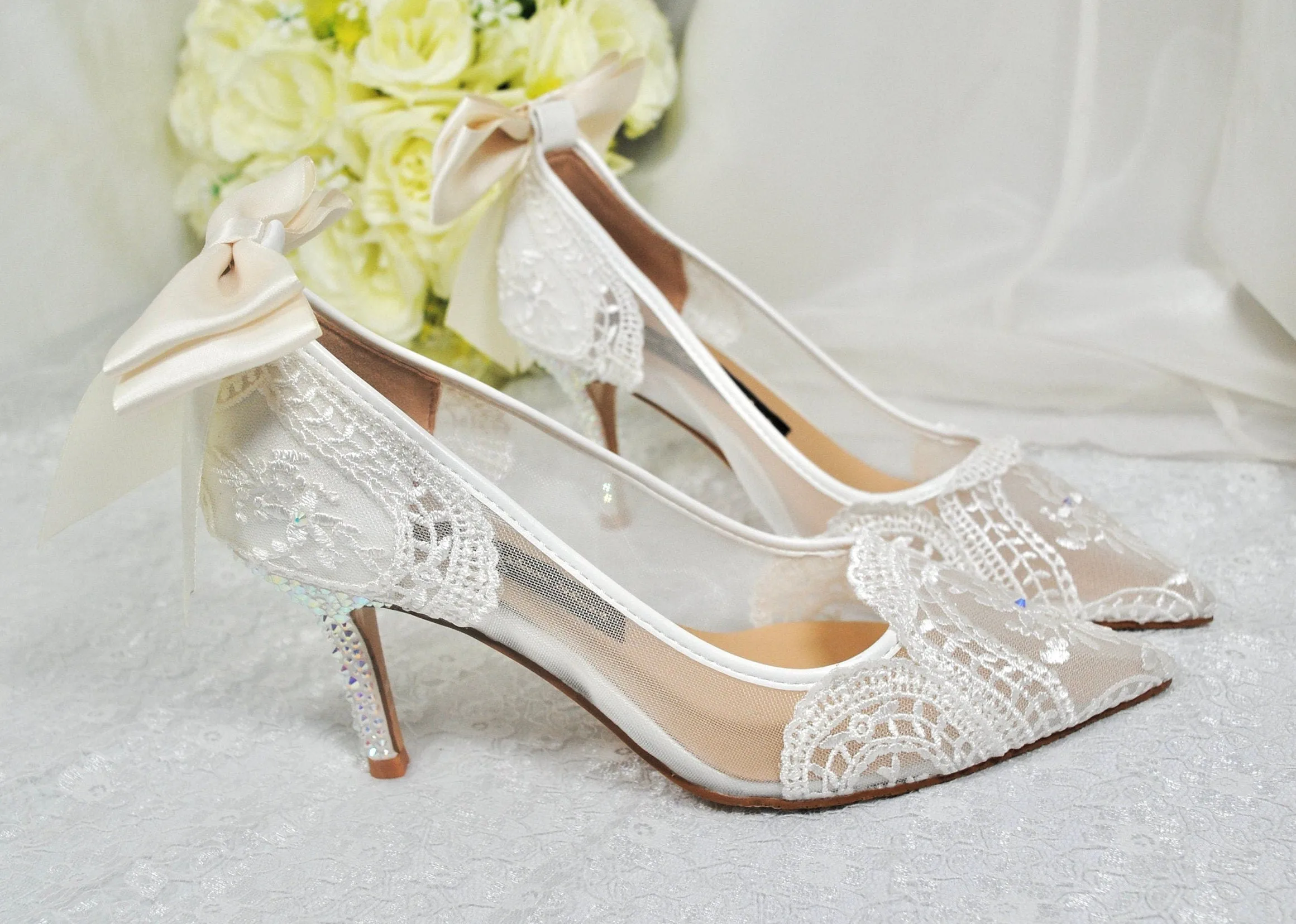 Ivory Lace with/without Crystal Heels & Bow | Removable Ankle Strap