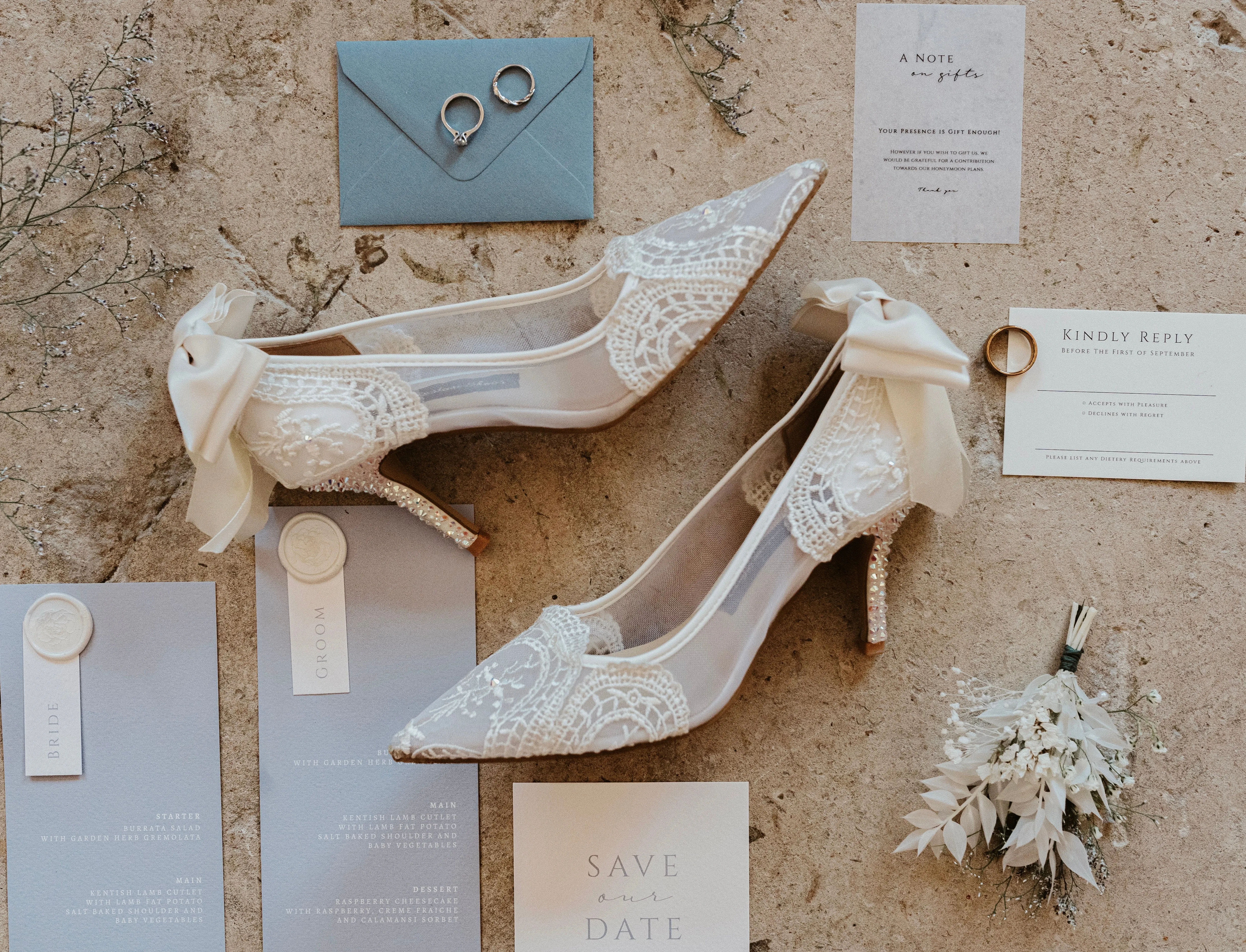 Ivory Lace with/without Crystal Heels & Bow | Removable Ankle Strap