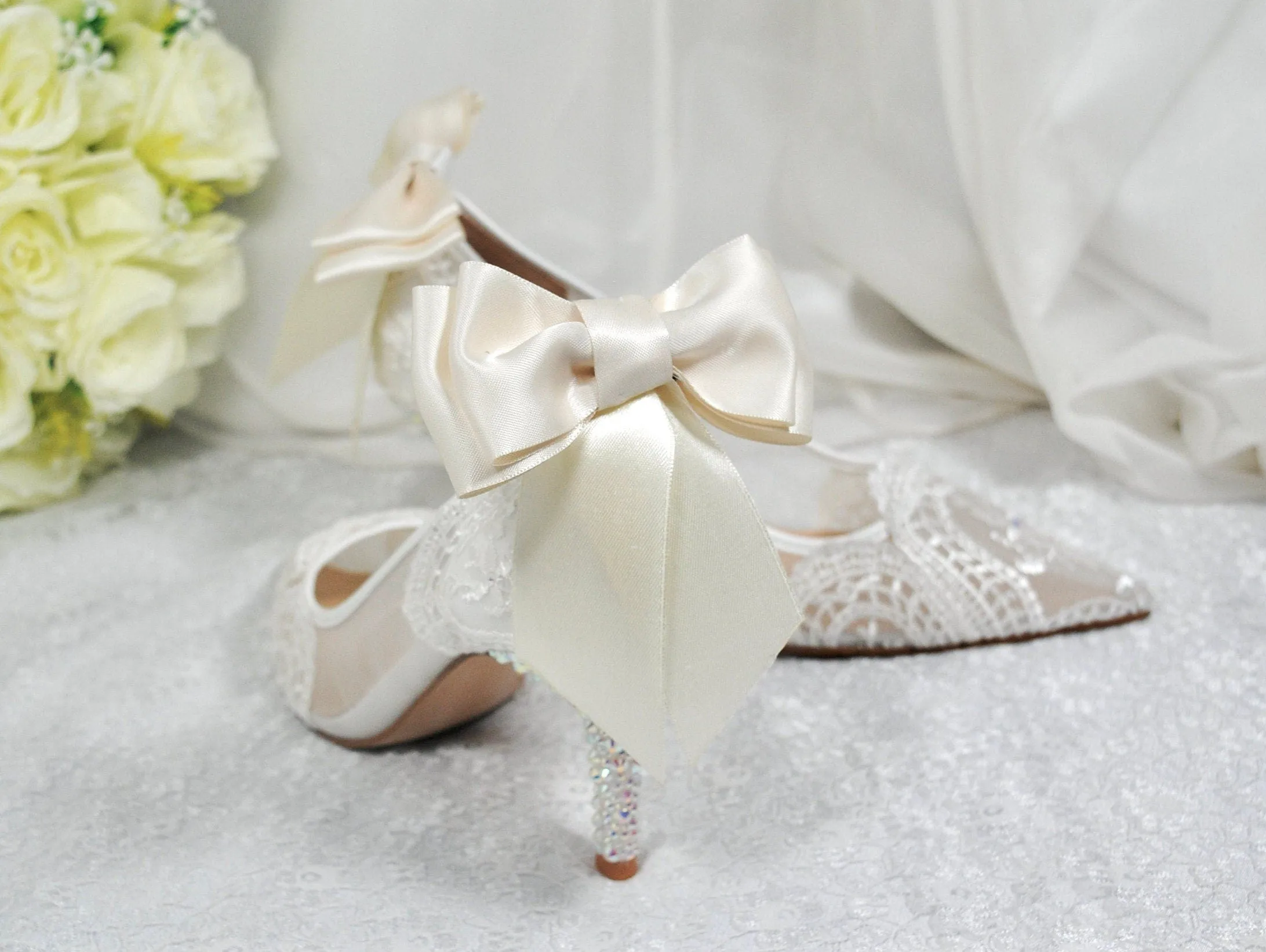 Ivory Lace with/without Crystal Heels & Bow | Removable Ankle Strap