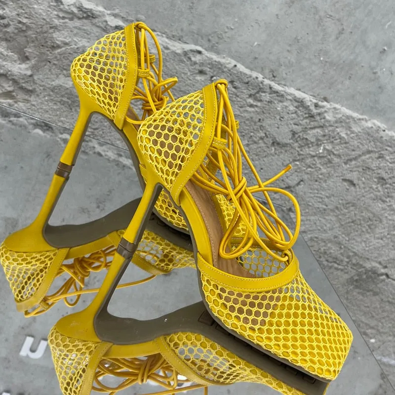 Joskaa 2024 Women Pumps Thin High Heels Sexy Sandals Shoes For Woman Fashion Square Toe Mesh Ankle Strap Pumps Sandals Ladies Shoes