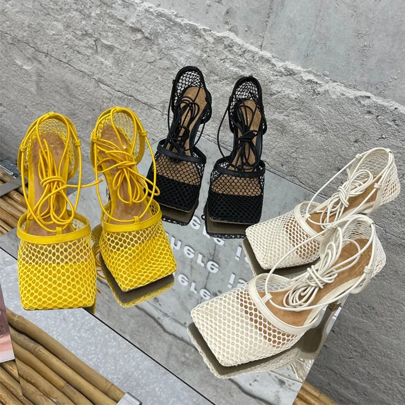 Joskaa 2024 Women Pumps Thin High Heels Sexy Sandals Shoes For Woman Fashion Square Toe Mesh Ankle Strap Pumps Sandals Ladies Shoes