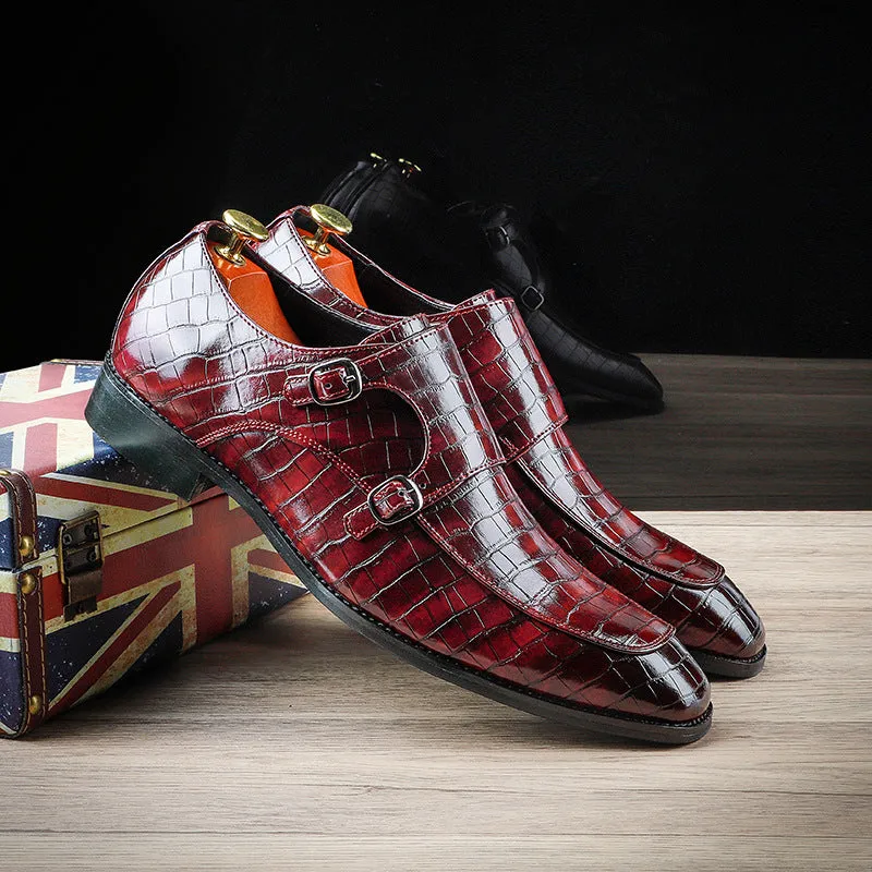 Leather Shoes Men's Business Pointed Leather Shoes Crocodile Pattern Leather Shoes Men's Buckle Formal Men's Shoes