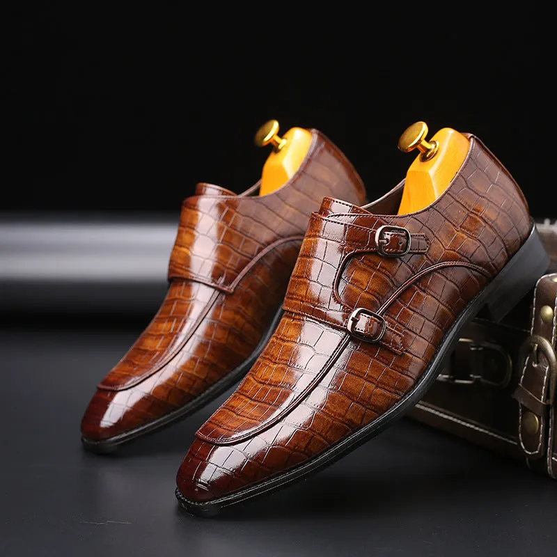 Leather Shoes Men's Business Pointed Leather Shoes Crocodile Pattern Leather Shoes Men's Buckle Formal Men's Shoes
