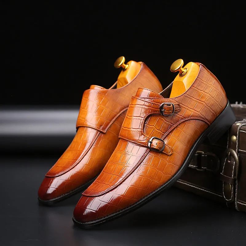 Leather Shoes Men's Business Pointed Leather Shoes Crocodile Pattern Leather Shoes Men's Buckle Formal Men's Shoes