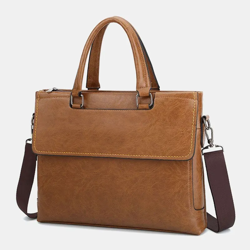 Men Genuine Leather Flap-Over Waterproof Anti-theft Briefcase Handbag Teacher Bag Vintage 14 Inch Laptop Crossbody Shoulder Bags