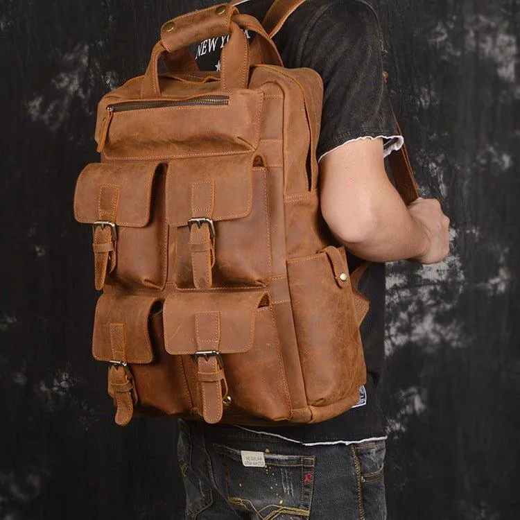 Mens Leather Backpack Laptop with Front Pockets