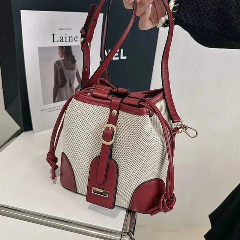 New Canvas Contrast Bucket Handbags Trendy Retro Shoulder Messenger Bag