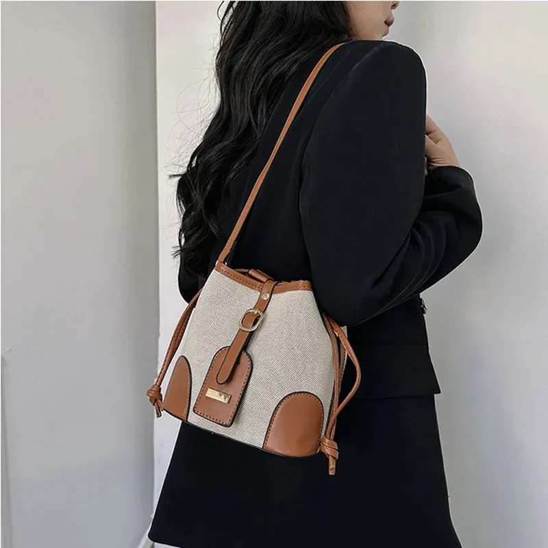 New Canvas Contrast Bucket Handbags Trendy Retro Shoulder Messenger Bag