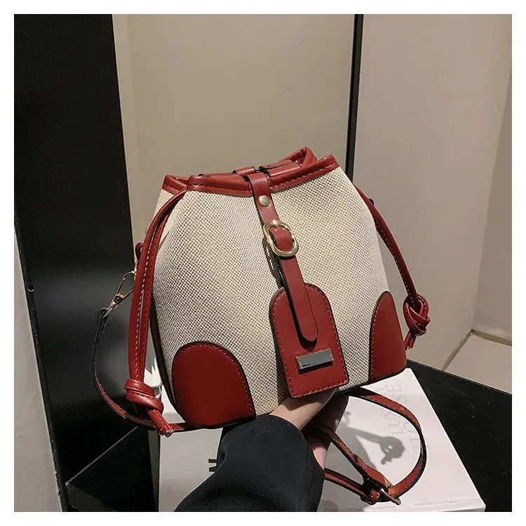 New Canvas Contrast Bucket Handbags Trendy Retro Shoulder Messenger Bag