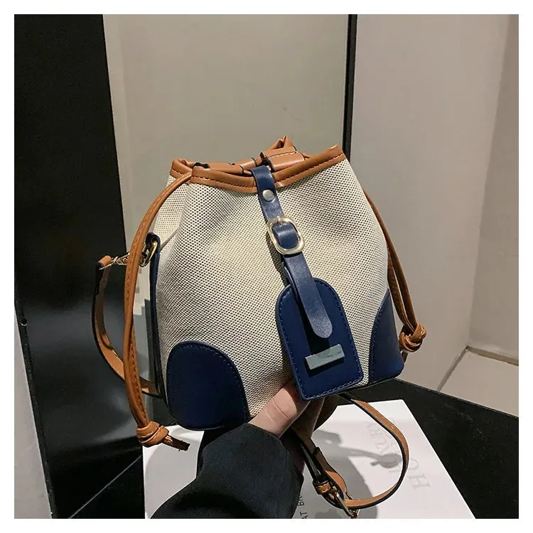 New Canvas Contrast Bucket Handbags Trendy Retro Shoulder Messenger Bag