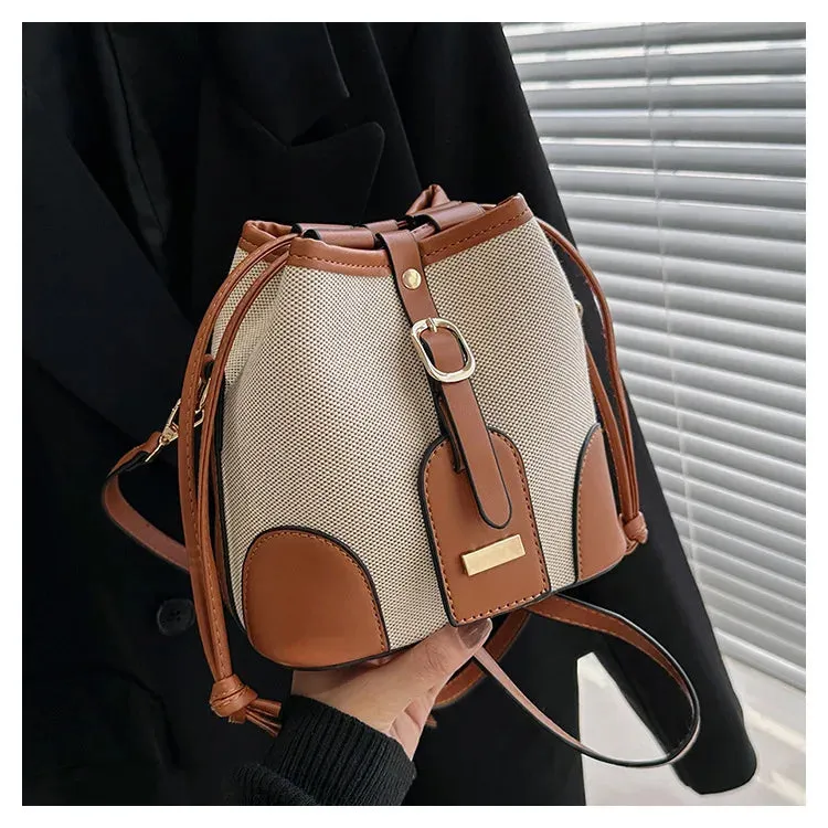 New Canvas Contrast Bucket Handbags Trendy Retro Shoulder Messenger Bag