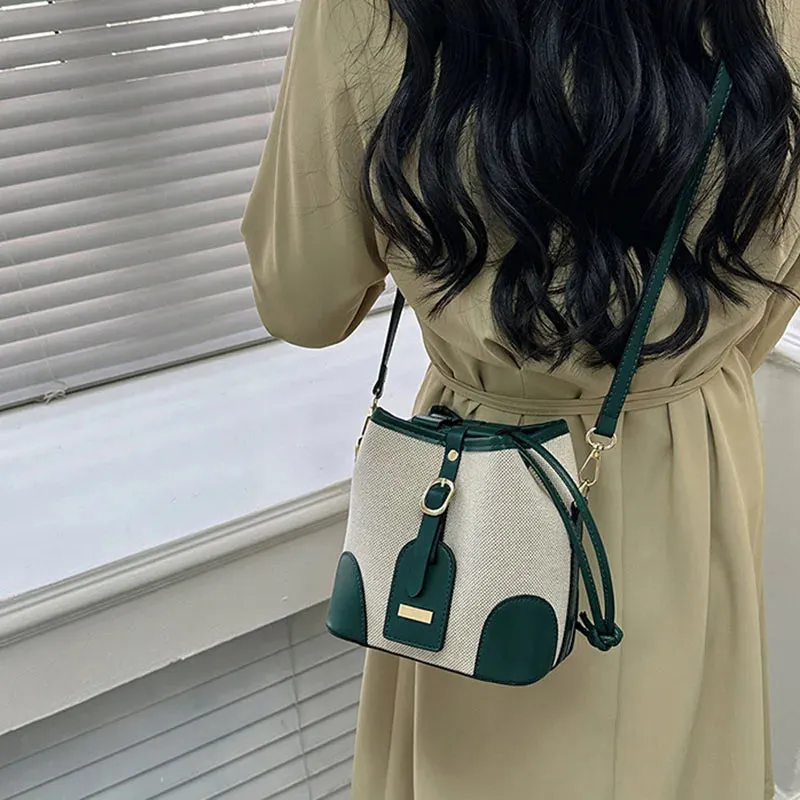 New Canvas Contrast Bucket Handbags Trendy Retro Shoulder Messenger Bag