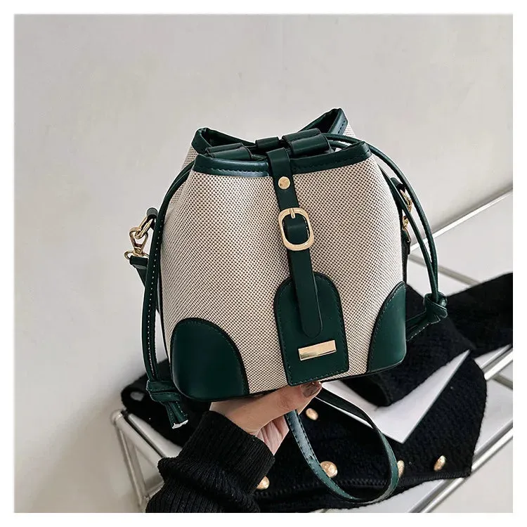 New Canvas Contrast Bucket Handbags Trendy Retro Shoulder Messenger Bag