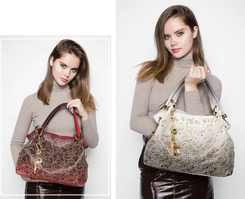 Ombre Hollow-out Floral Hand Bag With Key Chain