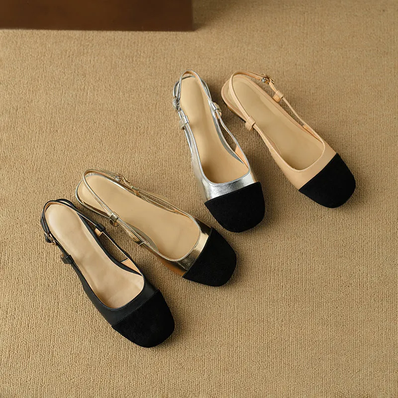 Patchwork Leather Square Toe Block Heels Slingback Shoes