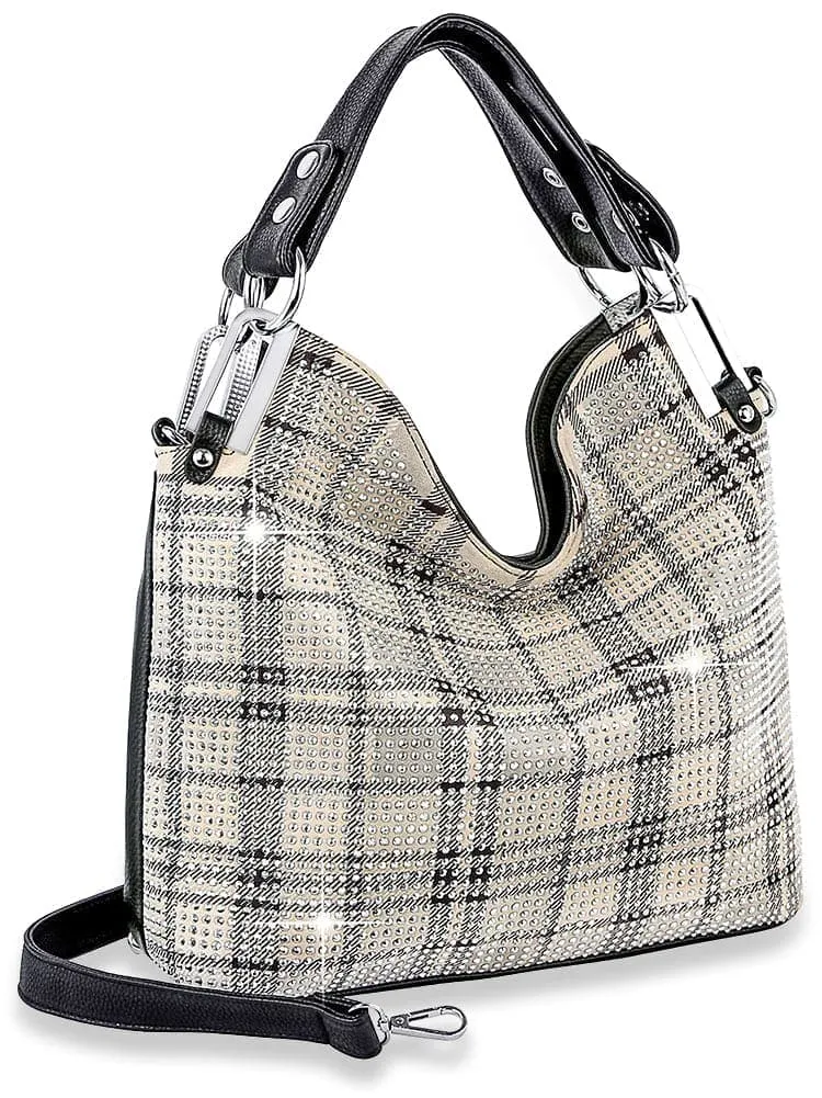 Plaid and Rhinestone Shoulder Handbag