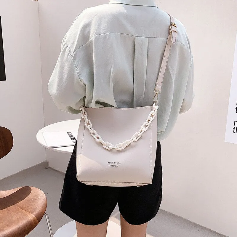 PU Leather Bucket Crossbody Bags for Women 2021 Summer Trendy Lady Shoulder bags Acrylic chain Handbag and Purses composite bags