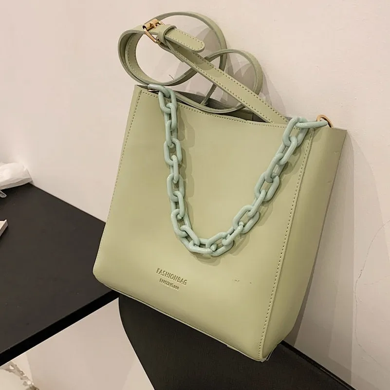 PU Leather Bucket Crossbody Bags for Women 2021 Summer Trendy Lady Shoulder bags Acrylic chain Handbag and Purses composite bags
