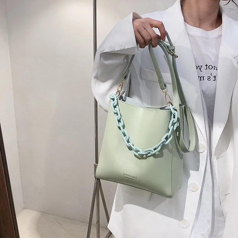 PU Leather Bucket Crossbody Bags for Women 2021 Summer Trendy Lady Shoulder bags Acrylic chain Handbag and Purses composite bags