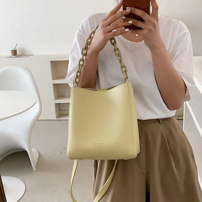 PU Leather Bucket Crossbody Bags for Women 2021 Summer Trendy Lady Shoulder bags Acrylic chain Handbag and Purses composite bags
