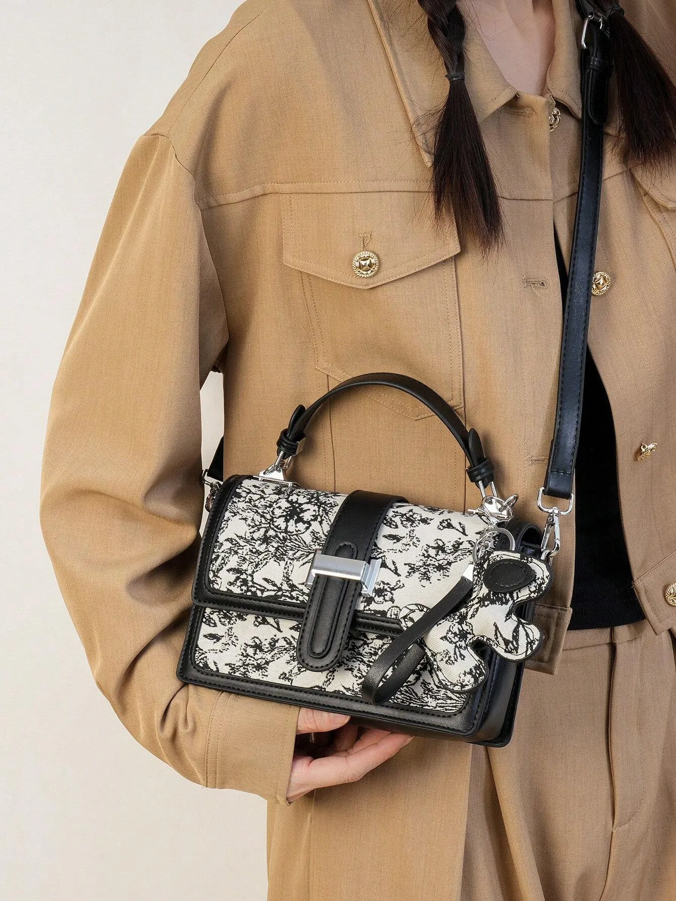 SHEIN Printed Classic Style Double Layer Women's Gift Handheld Mini Square Bag With Strap & Pendant