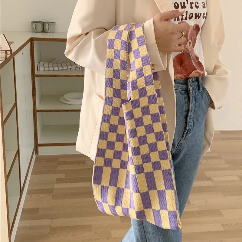 Small and Cute Checkered Knitted Tote Handbags