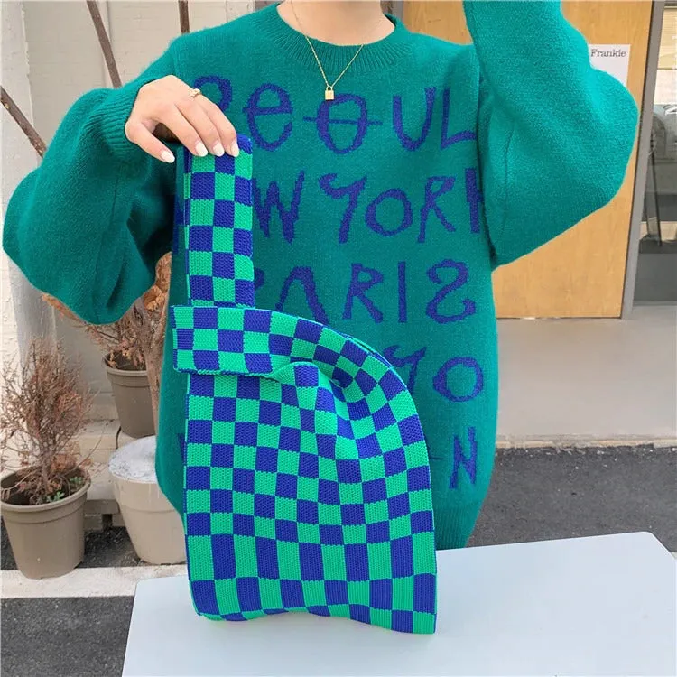 Small and Cute Checkered Knitted Tote Handbags
