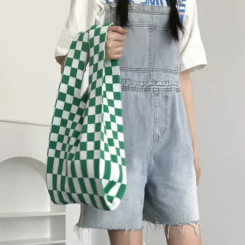 Small and Cute Checkered Knitted Tote Handbags
