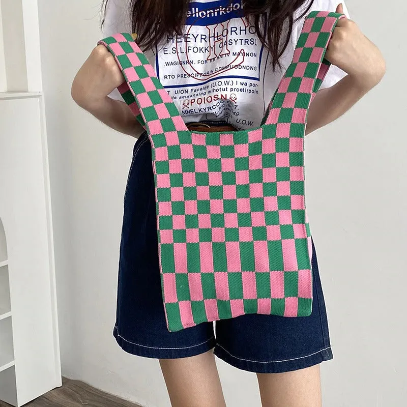 Small and Cute Checkered Knitted Tote Handbags