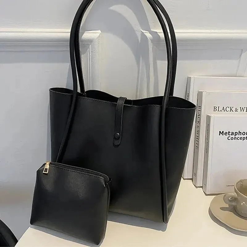 Soft Leather Vintage Shoulder Bag for Women Fashion Top Handle Bag Large Capacity Composite Bag with a Small Purse