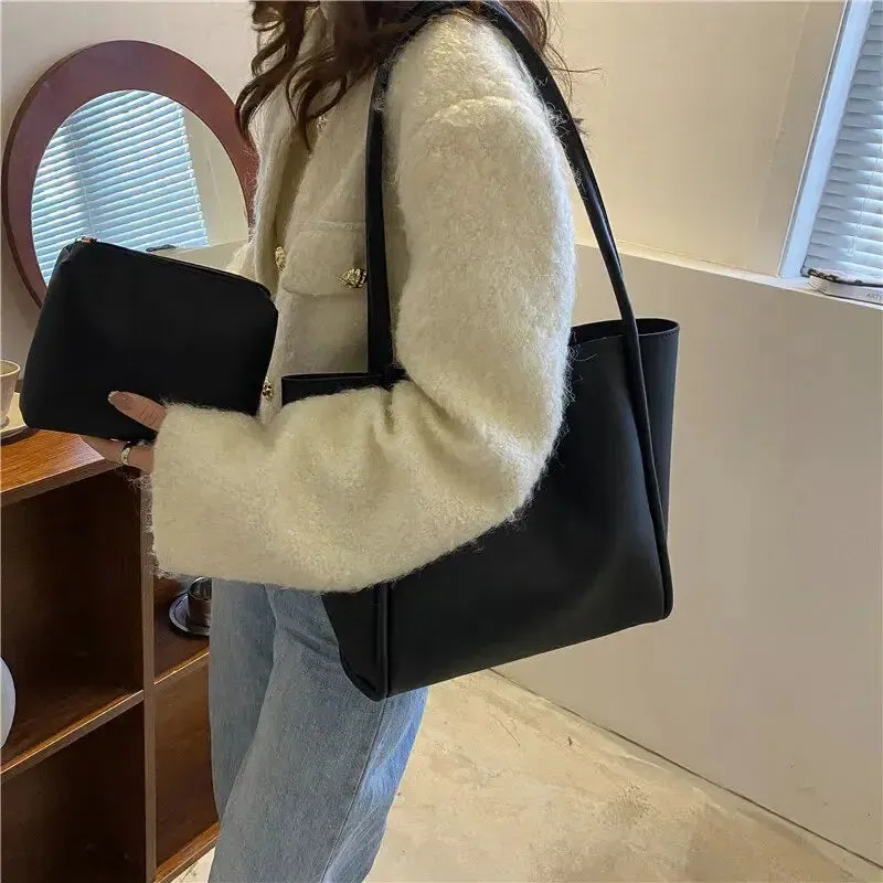 Soft Leather Vintage Shoulder Bag for Women Fashion Top Handle Bag Large Capacity Composite Bag with a Small Purse