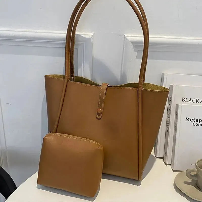Soft Leather Vintage Shoulder Bag for Women Fashion Top Handle Bag Large Capacity Composite Bag with a Small Purse