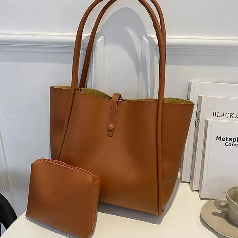 Soft Leather Vintage Shoulder Bag for Women Fashion Top Handle Bag Large Capacity Composite Bag with a Small Purse