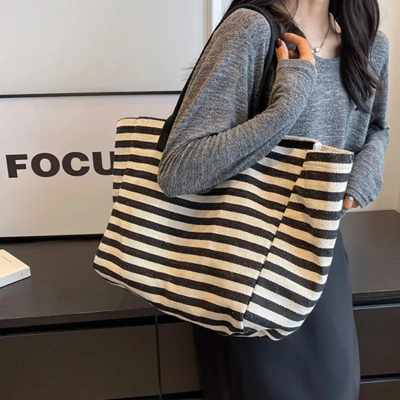 Sohiwoo Commuter Bag Women Fashion Large-capacity Handbag Bag Student Striped 2024 New Niche Zebra Canvas One-shoulder Mommy Tote Bags
